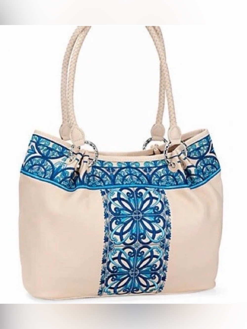 Brighton Jemma Purse Ivory Leather shades of blue embroidery rare,